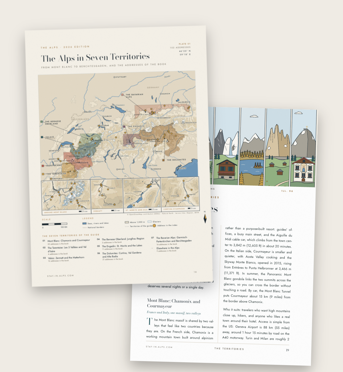 The map of the seven territories of The Alps Guide, with the addresses of the book