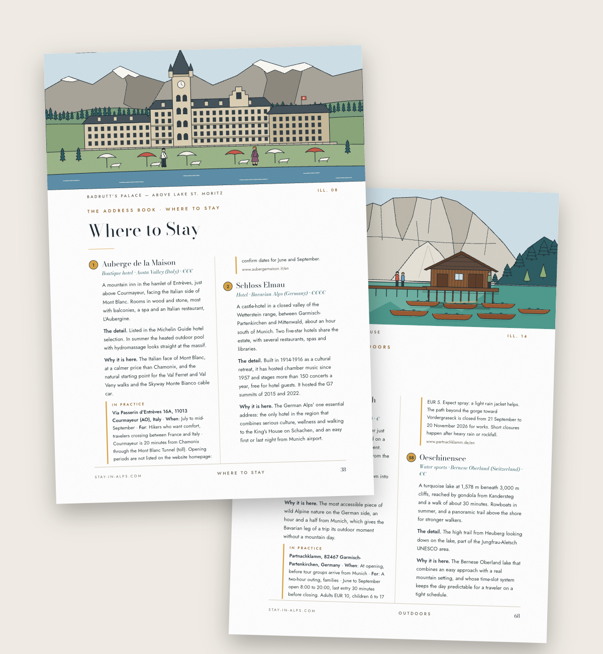 Two chapter openings of The Alps Guide, Summer 2026 edition, Where to Stay and Outdoors, with their illustrations