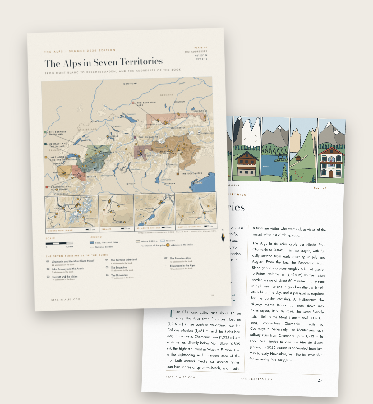 The map of the seven summer territories of The Alps Guide, with the addresses of the book