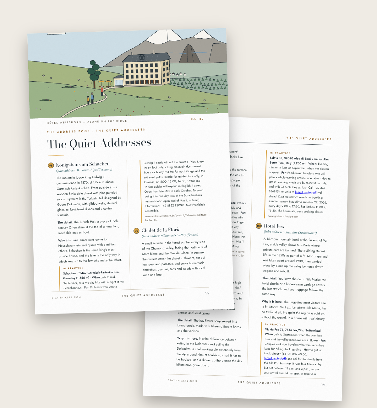 Two plates of The Quiet Addresses chapter of The Alps Guide, Summer 2026 edition