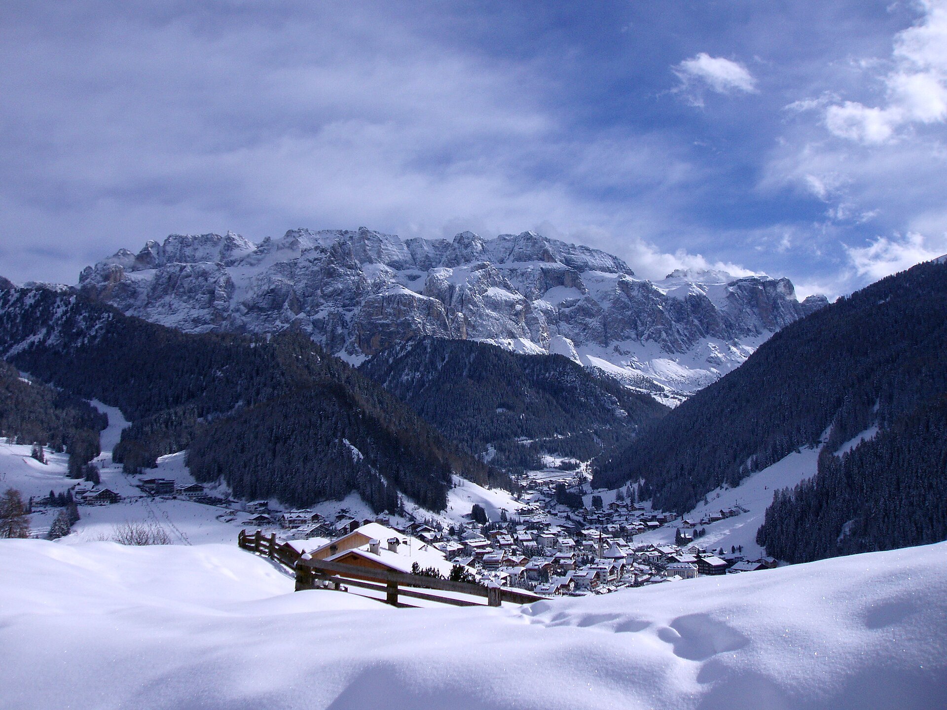 Selva di Val Gardena beneath the Sella massif